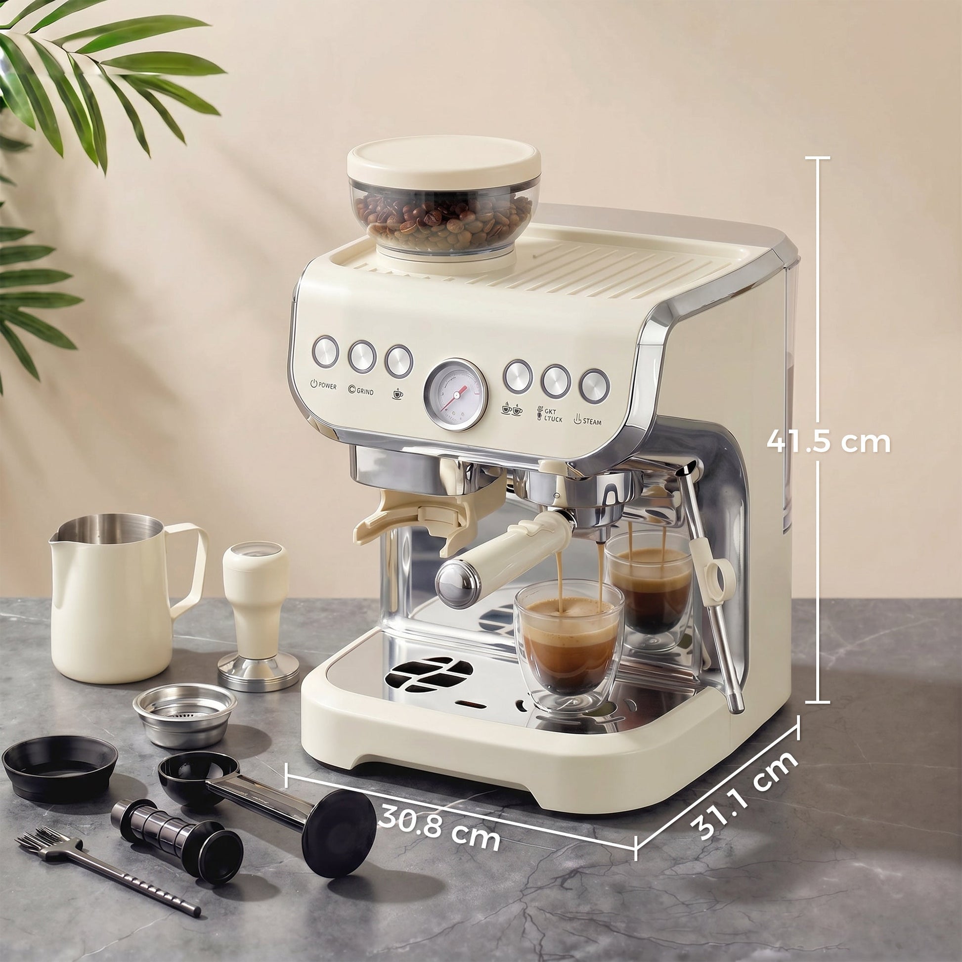 Espresso Machine with Integrated Bean Grinder & Steam Wand, Bean to Cup Coffee Machine with 15 Bar Italian Pump, 2L Water Tank, Cappuccino Maker, Stainless Steel, Cream White