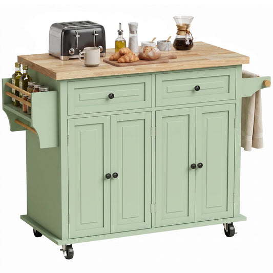 Kitchen Island on Wheels, Rolling Kitchen Storage Trolley with Rubber Wood Top, Drawers, Adjustable Shelves, Towel and Spice Rack for Dining Room, Light Green