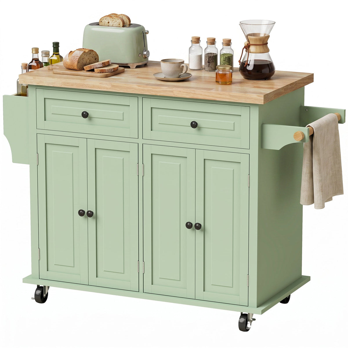 Kitchen Island on Wheels, Rolling Kitchen Storage Trolley with Rubber Wood Top, Drawers, Adjustable Shelves, Towel and Spice Rack for Dining Room, Light Green