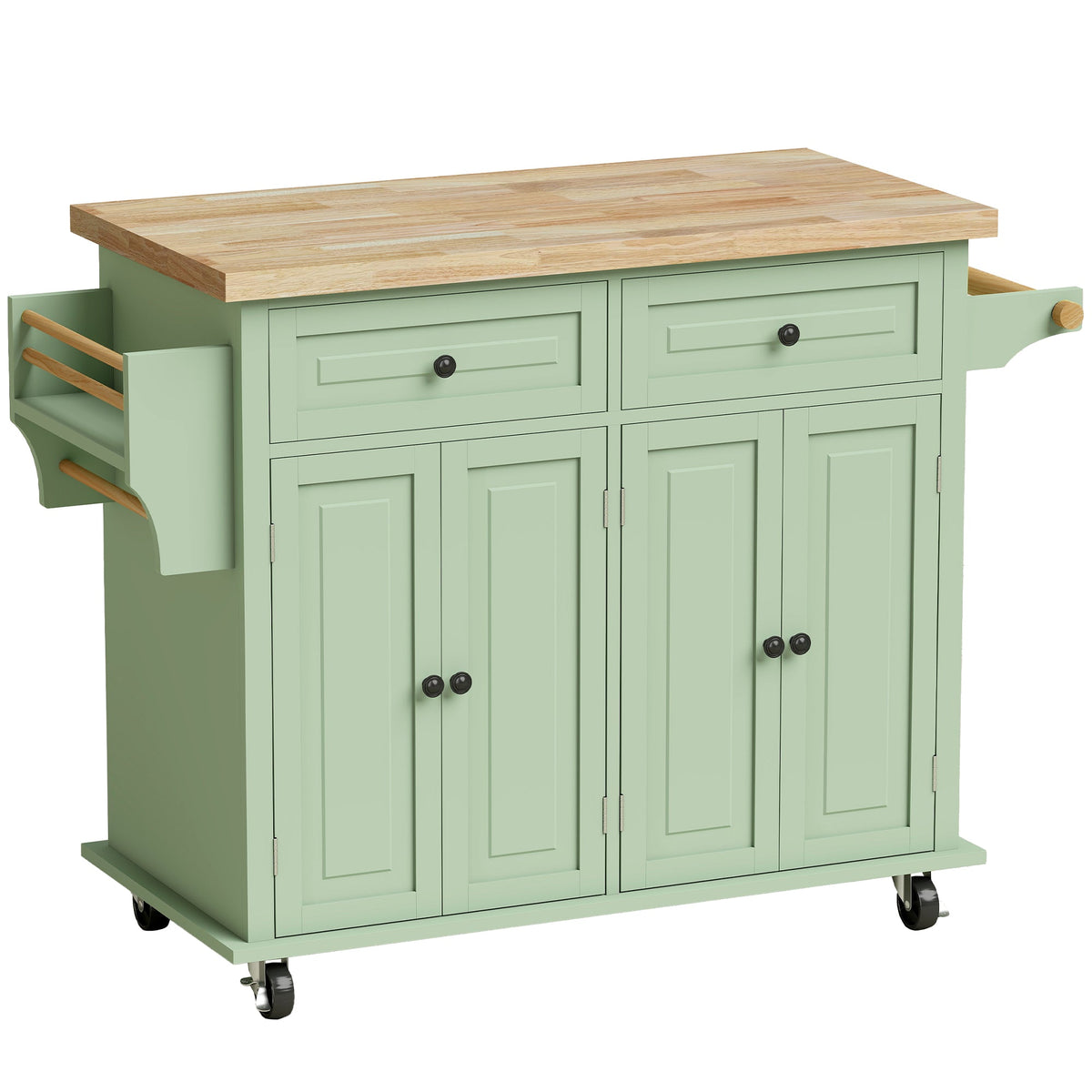 Kitchen Island on Wheels, Rolling Kitchen Storage Trolley with Rubber Wood Top, Drawers, Adjustable Shelves, Towel and Spice Rack for Dining Room, Light Green