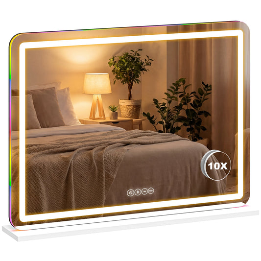 Vanity Mirror with Lights, Dimmable Makeup Mirror with Adjustable Colour Temperature, RGB Light, Bluetooth Speaker, 10X Magnification, Touch Control, 80 x 60 cm, Tabletop & Wall-Mounted, White
