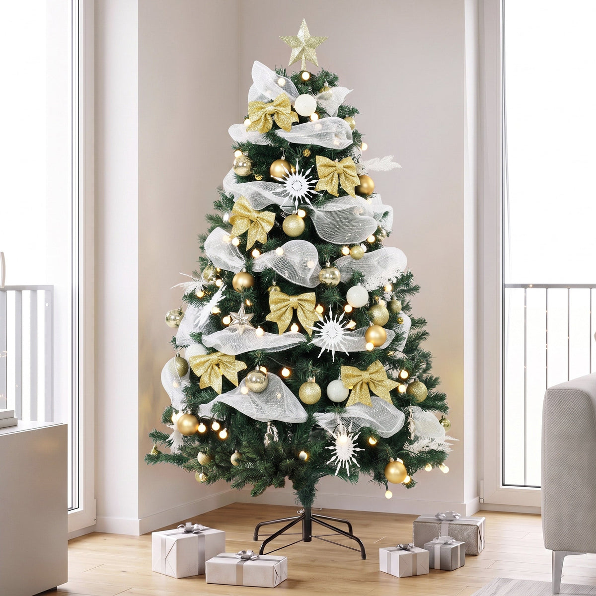 5ft Pre-Lit Christmas Tree with 150 LED Lights, Artificial Xmas Tree with 8 Lighting Modes, 450 Tips, Balls, Ribbons, Bows, Remote, Foldable Metal Stand, Green