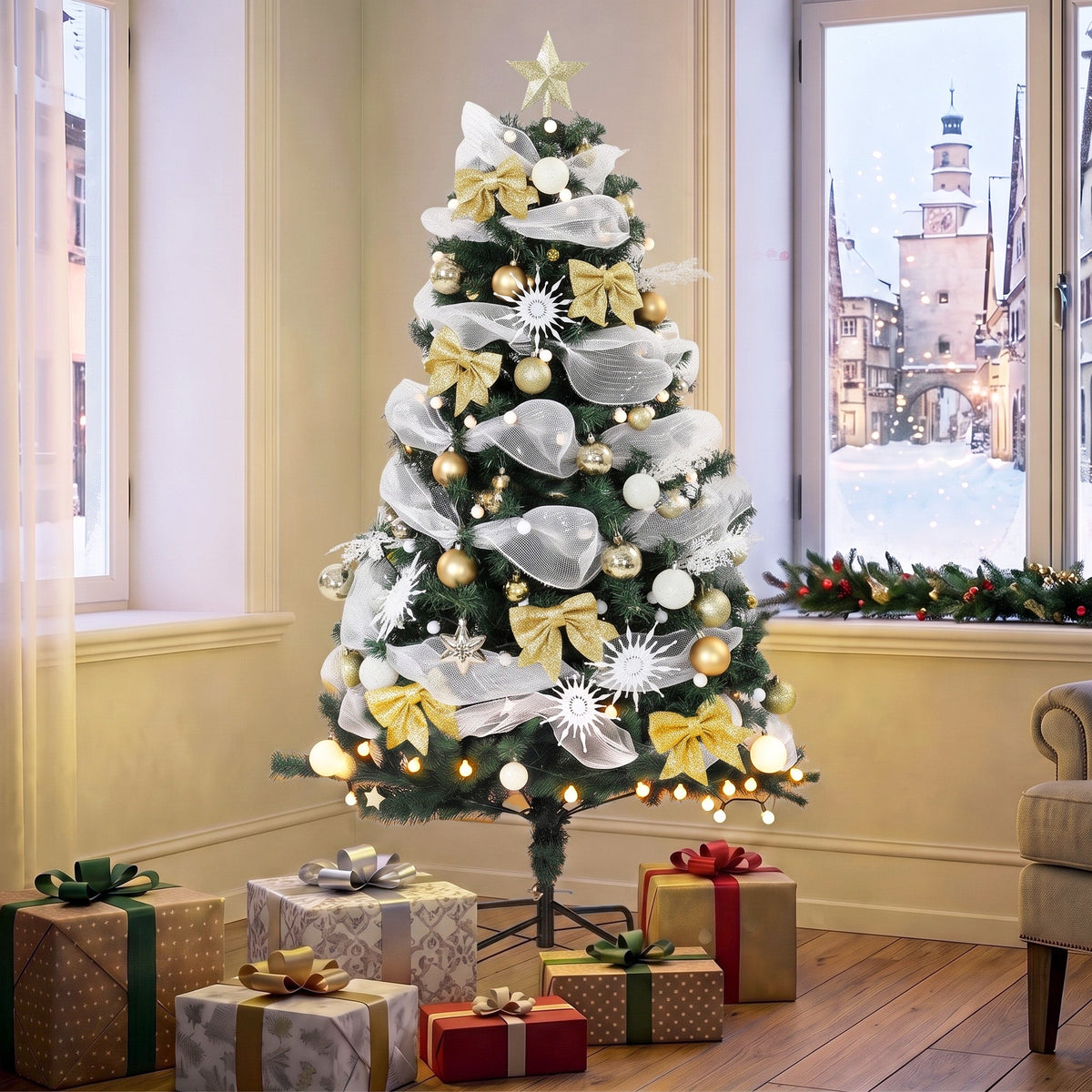 5ft Pre-Lit Christmas Tree with 150 LED Lights, Artificial Xmas Tree with 8 Lighting Modes, 450 Tips, Balls, Ribbons, Bows, Remote, Foldable Metal Stand, Green