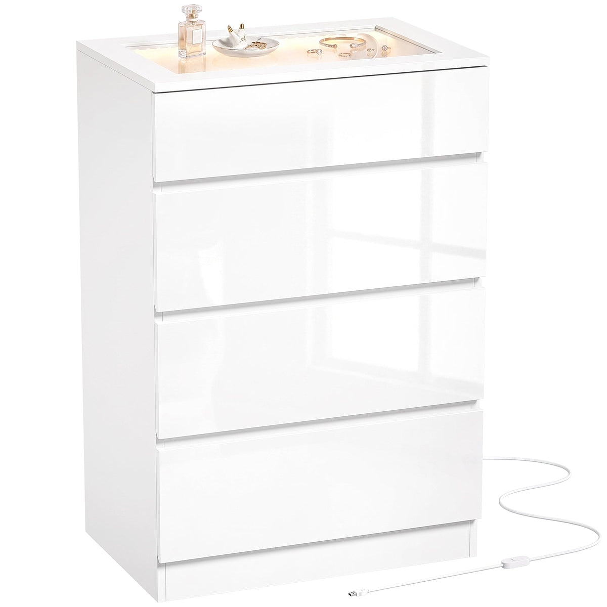 High Gloss 4 Drawer Chest of Drawers with Tempered Glass Top and RGB LED Lights, Modern Dresser with Jewelry Organizer, APP Control, Storage Cabinet for Bedroom Living Room, 60 x 40 x 90 cm, White