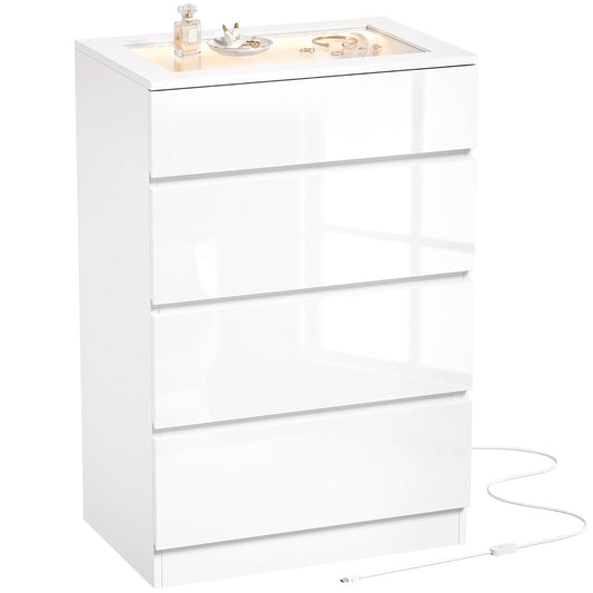 High Gloss 4 Drawer Chest of Drawers with Tempered Glass Top and RGB LED Lights, Modern Dresser with Jewelry Organizer, APP Control, Storage Cabinet for Bedroom Living Room, 60 x 40 x 90 cm, White