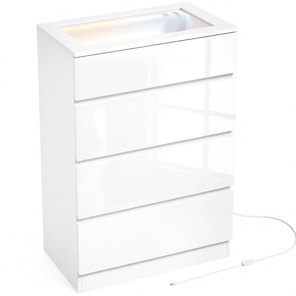 High Gloss 4 Drawer Chest of Drawers with Tempered Glass Top and RGB LED Lights, Modern Dresser with Jewelry Organizer, APP Control, Storage Cabinet for Bedroom Living Room, 60 x 40 x 90 cm, White