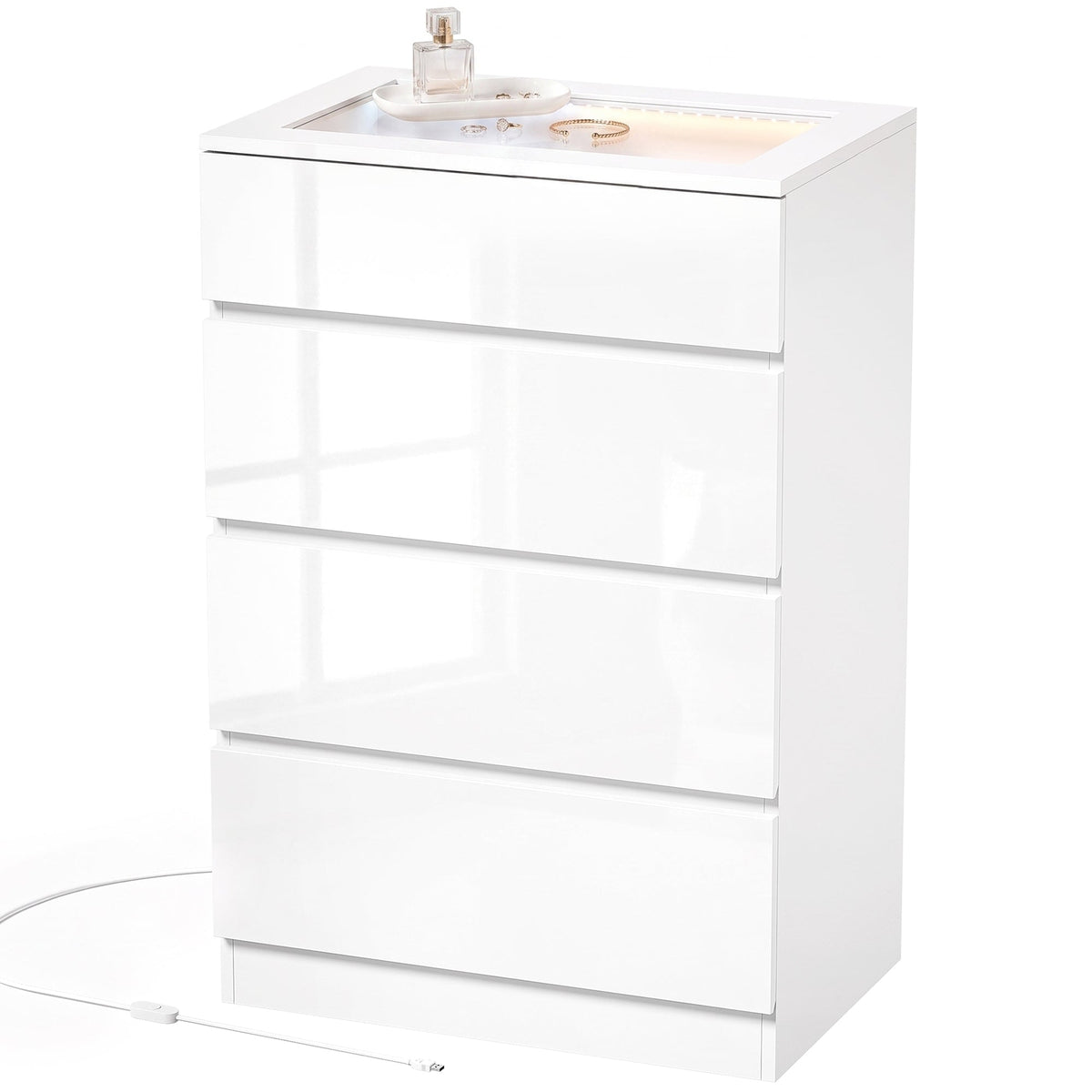 High Gloss 4 Drawer Chest of Drawers with Tempered Glass Top and RGB LED Lights, Modern Dresser with Jewelry Organizer, APP Control, Storage Cabinet for Bedroom Living Room, 60 x 40 x 90 cm, White