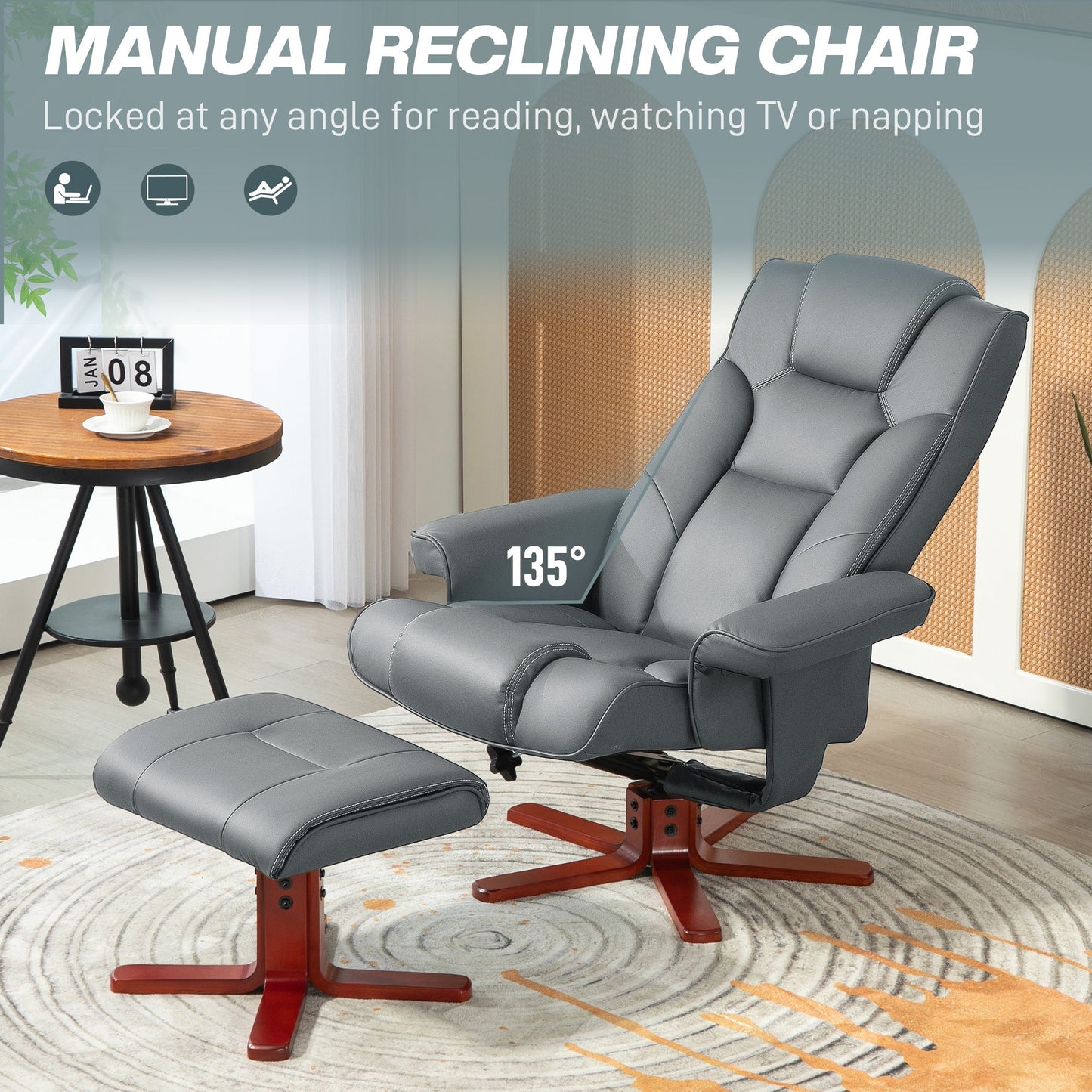 HOMCOM Recliner Chair with Footstool, PU Leather Upholstered Armchair with Adjustable Backrest, Leisure Lounge Chair for Living Room, Bedroom, Grey