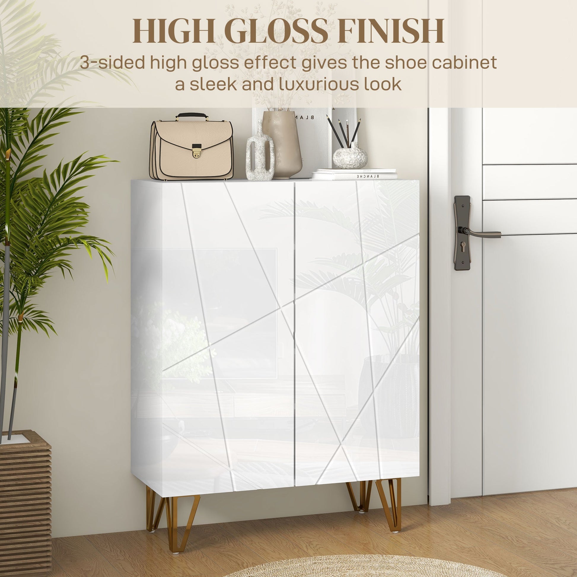 HOMCOM Narrow Shoe Cabinet with High Gloss, Slim Shoe Storage Cabinet with Soft-Close Hinges and Adjustable Shelves for 15-20 Pairs of Shoes, White