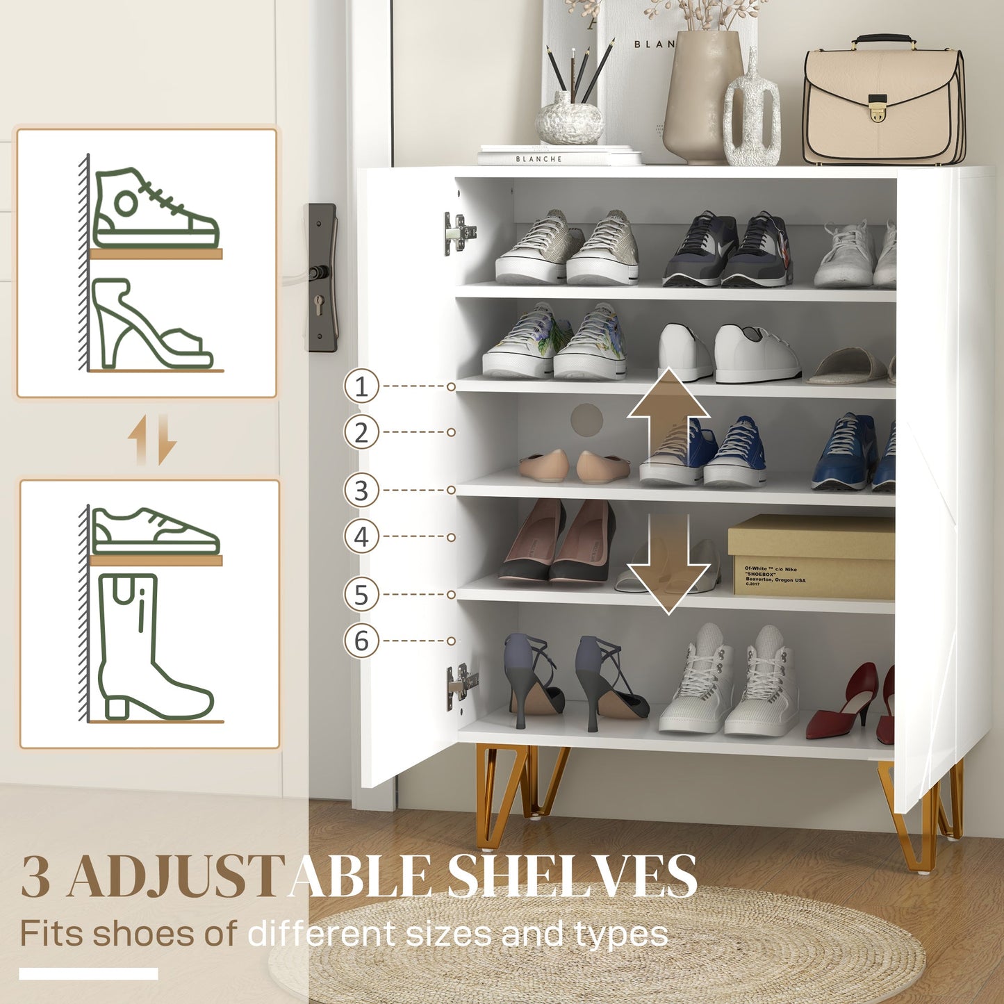 HOMCOM Narrow Shoe Cabinet with High Gloss, Slim Shoe Storage Cabinet with Soft-Close Hinges and Adjustable Shelves for 15-20 Pairs of Shoes, White