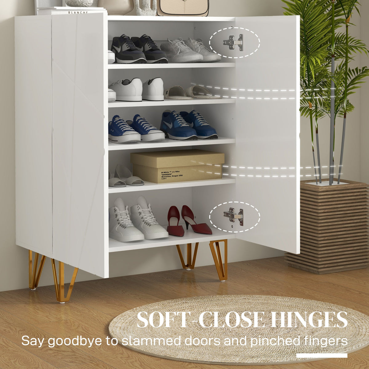 HOMCOM Narrow Shoe Cabinet with High Gloss, Slim Shoe Storage Cabinet with Soft-Close Hinges and Adjustable Shelves for 15-20 Pairs of Shoes, White
