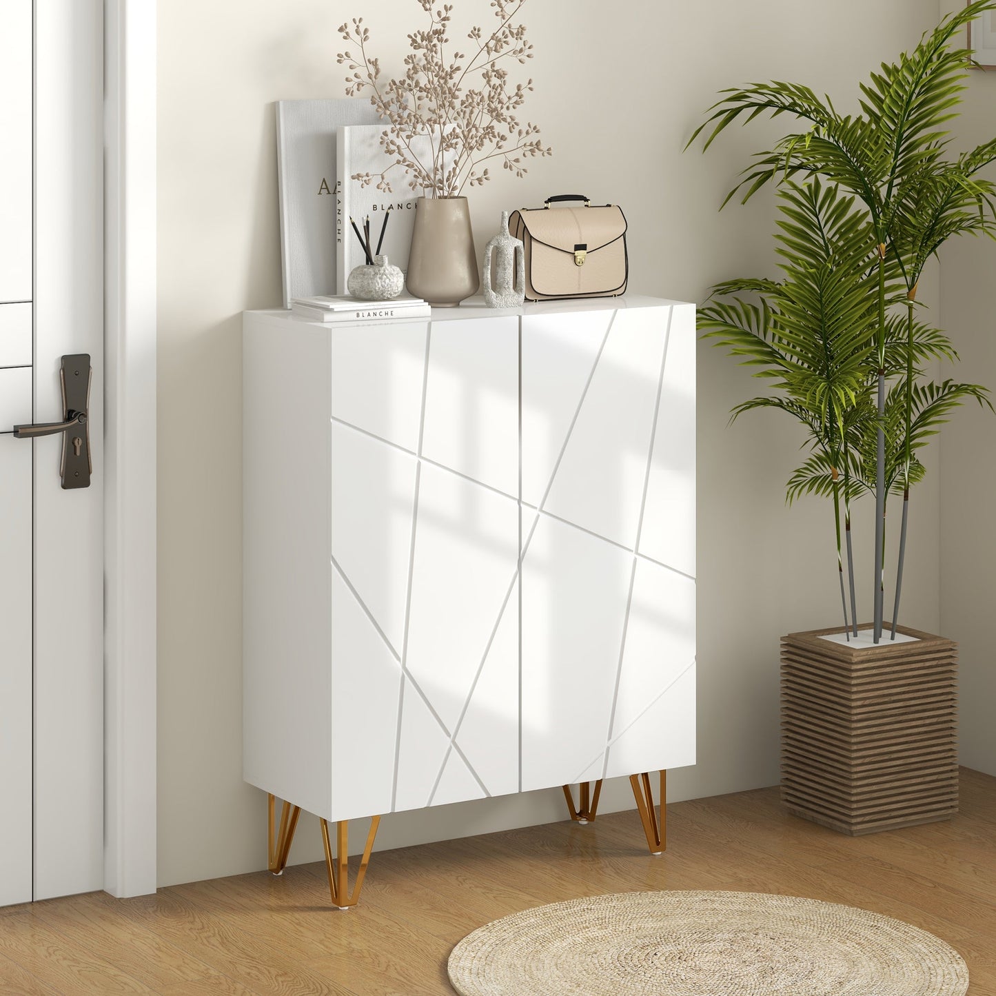 HOMCOM Narrow Shoe Cabinet with High Gloss, Slim Shoe Storage Cabinet with Soft-Close Hinges and Adjustable Shelves for 15-20 Pairs of Shoes, White