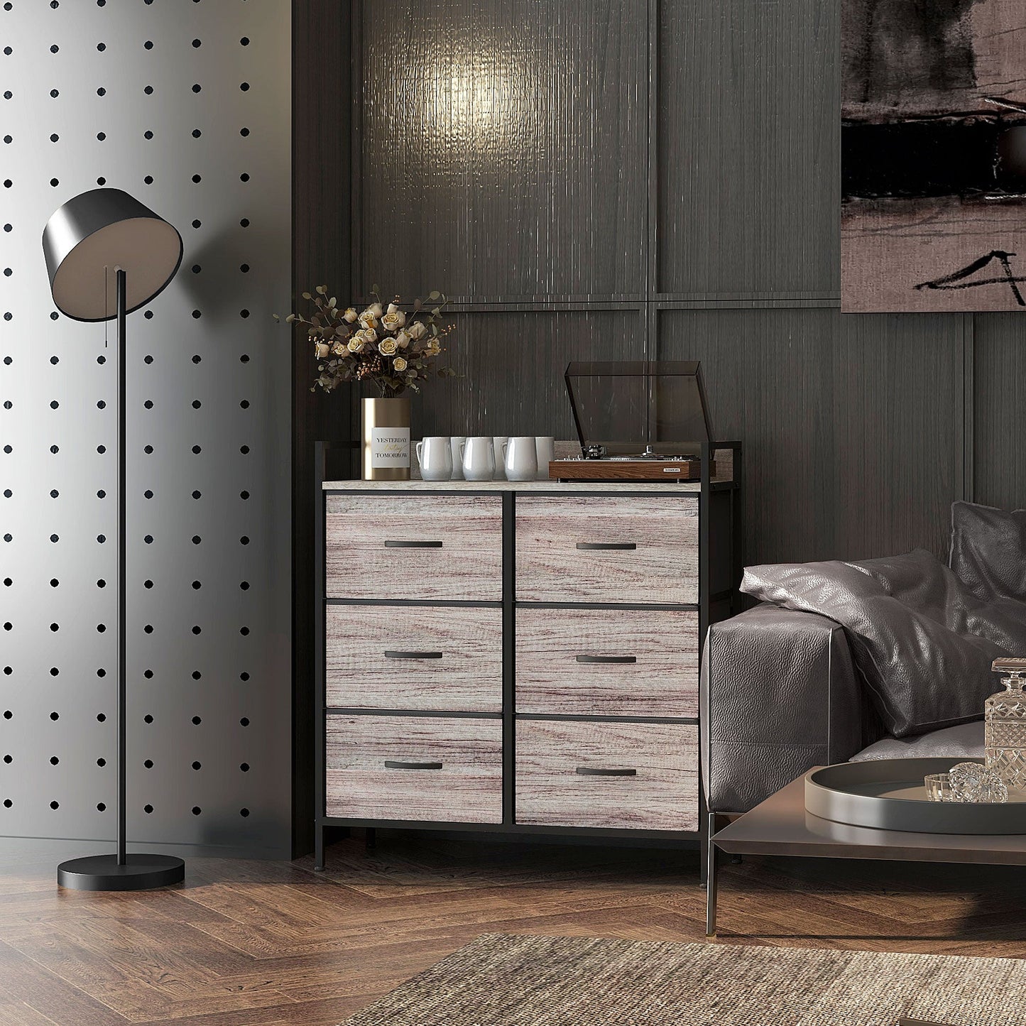 HOMCOM Bedroom Chest of Drawers, Fabric Dresser with 6 Drawers, Storage Organiser Unit with Open Shelf and Metal Frame for Living Room, Entryway, Grey Wood Effect
