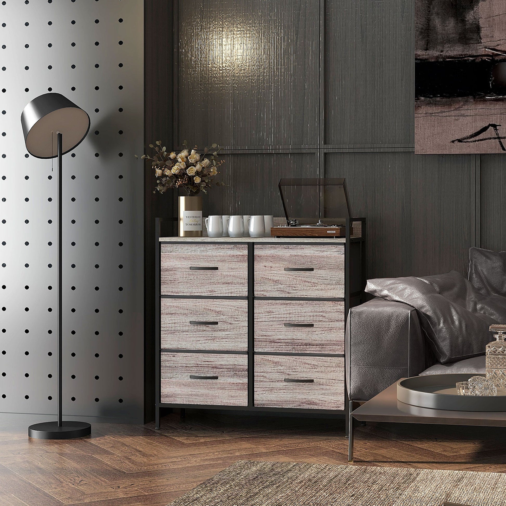 HOMCOM Bedroom Chest of Drawers, Fabric Dresser with 6 Drawers, Storage Organiser Unit with Open Shelf and Metal Frame for Living Room, Entryway, Grey Wood Effect