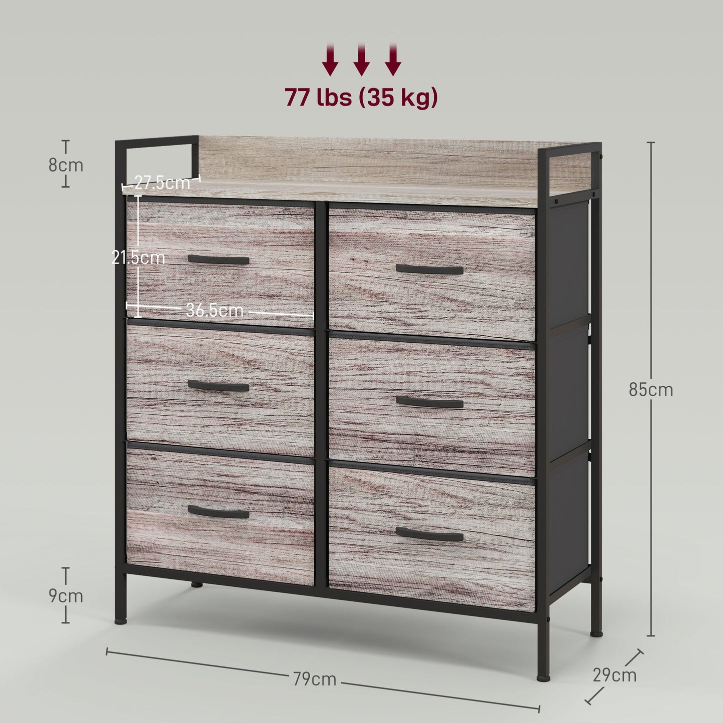 HOMCOM Bedroom Chest of Drawers, Fabric Dresser with 6 Drawers, Storage Organiser Unit with Open Shelf and Metal Frame for Living Room, Entryway, Grey Wood Effect