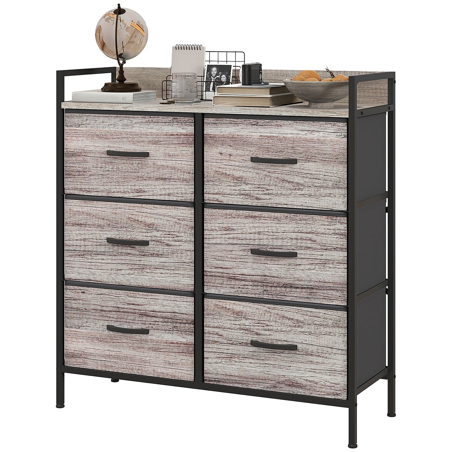 HOMCOM Bedroom Chest of Drawers, Fabric Dresser with 6 Drawers, Storage Organiser Unit with Open Shelf and Metal Frame for Living Room, Entryway, Grey Wood Effect