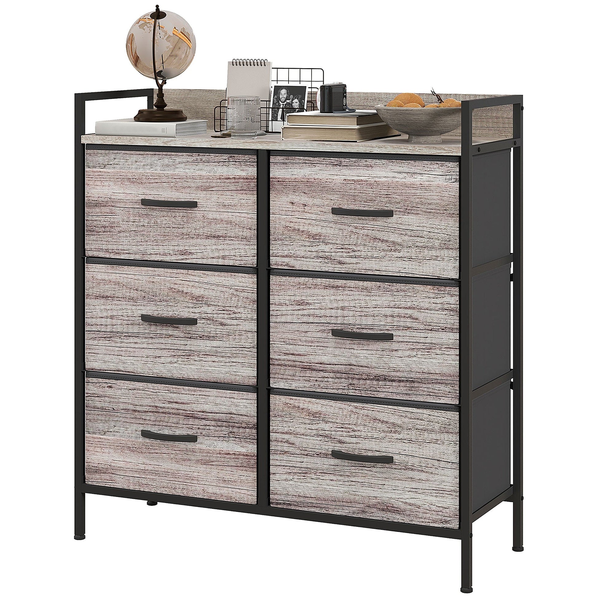 HOMCOM Bedroom Chest of Drawers, Fabric Dresser with 6 Drawers, Storage Organiser Unit with Open Shelf and Metal Frame for Living Room, Entryway, Grey Wood Effect
