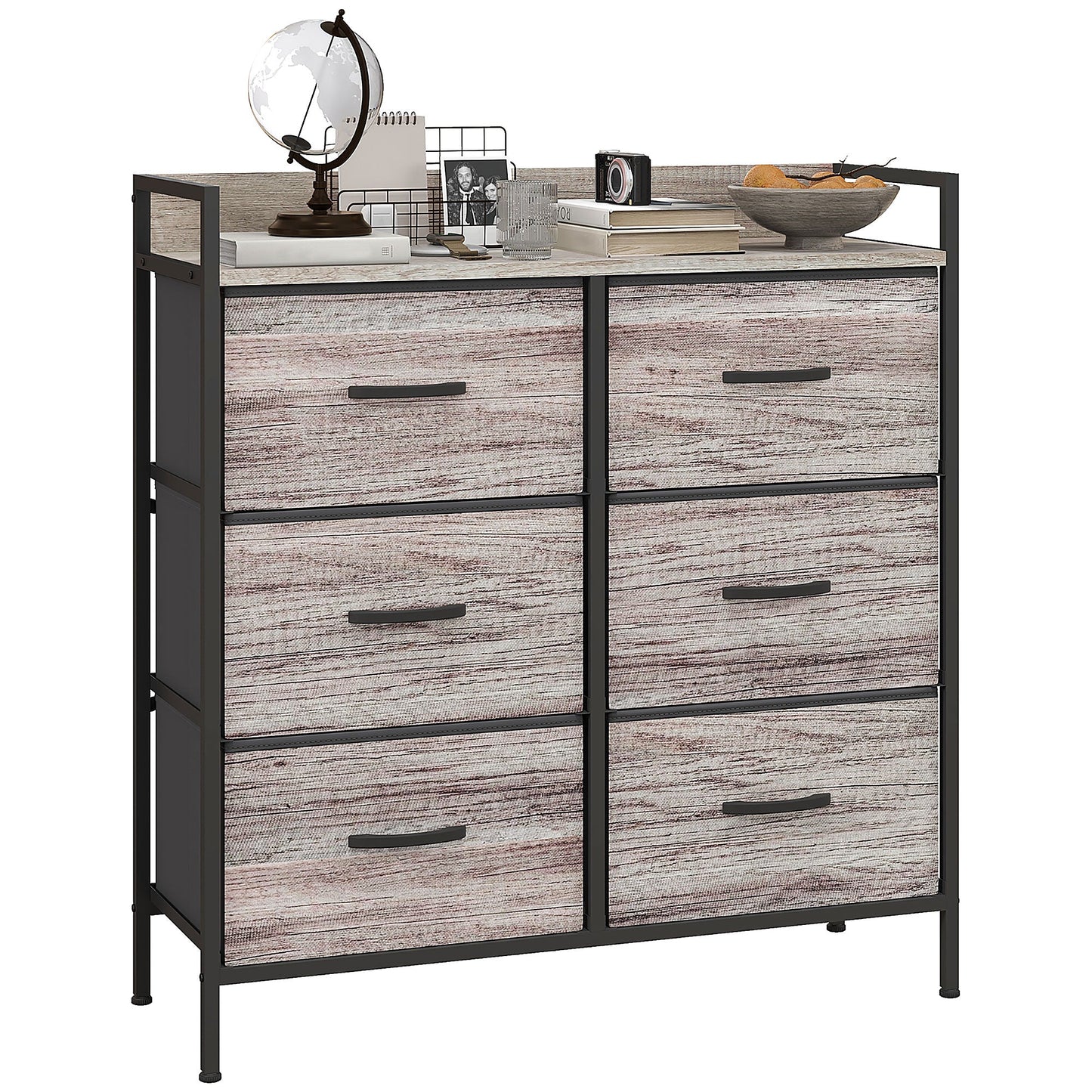 HOMCOM Bedroom Chest of Drawers, Fabric Dresser with 6 Drawers, Storage Organiser Unit with Open Shelf and Metal Frame for Living Room, Entryway, Grey Wood Effect