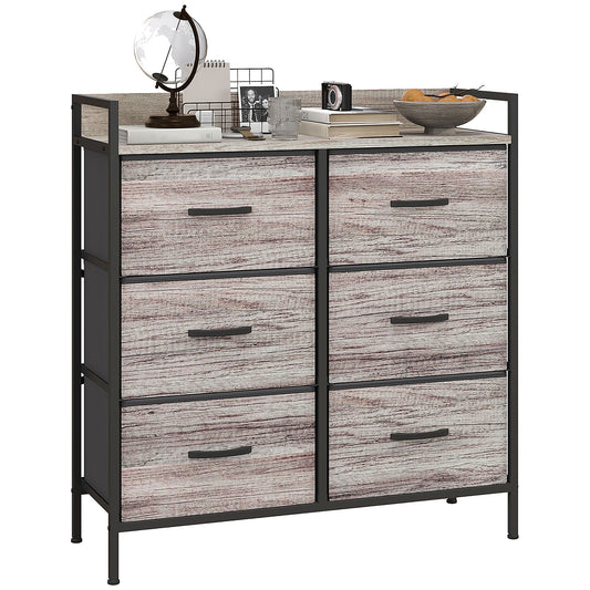 HOMCOM Bedroom Chest of Drawers, Fabric Dresser with 6 Drawers, Storage Organiser Unit with Open Shelf and Metal Frame for Living Room, Entryway, Grey Wood Effect