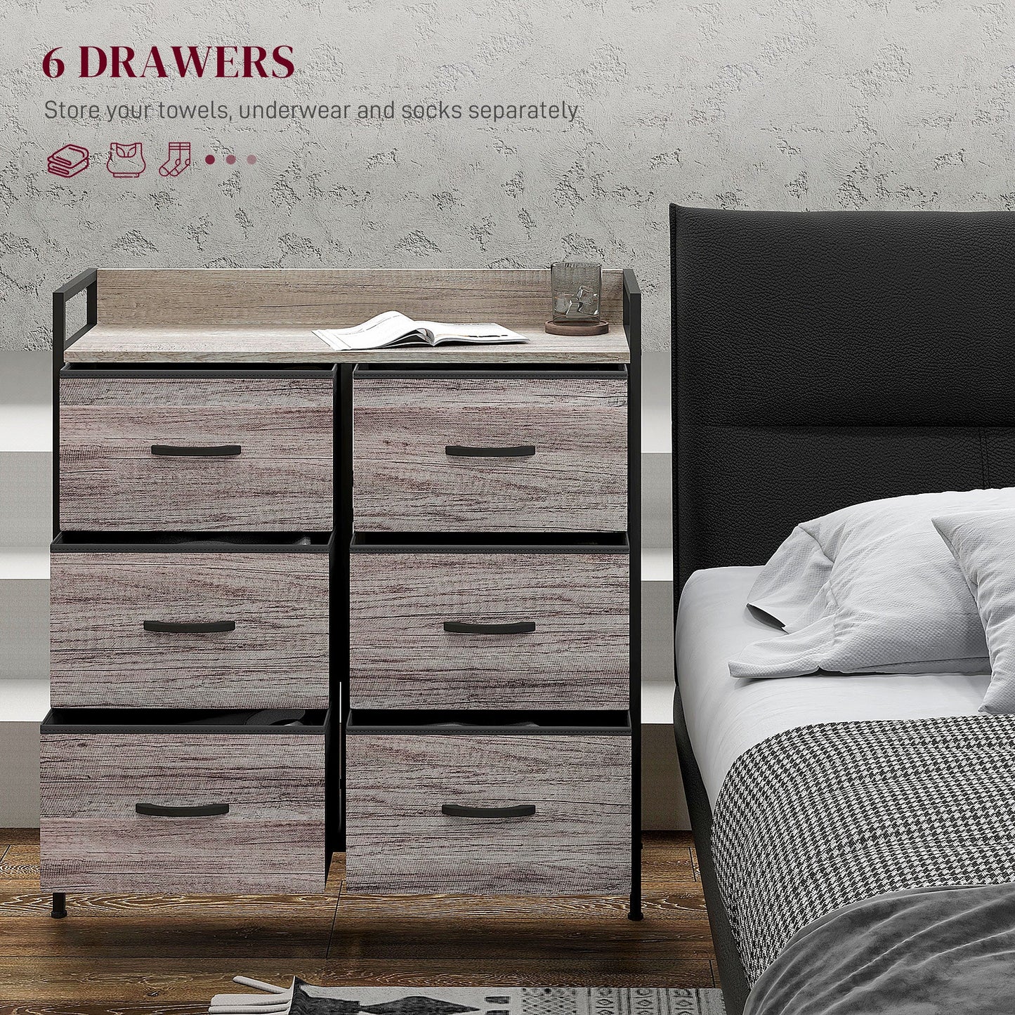 HOMCOM Bedroom Chest of Drawers, Fabric Dresser with 6 Drawers, Storage Organiser Unit with Open Shelf and Metal Frame for Living Room, Entryway, Grey Wood Effect
