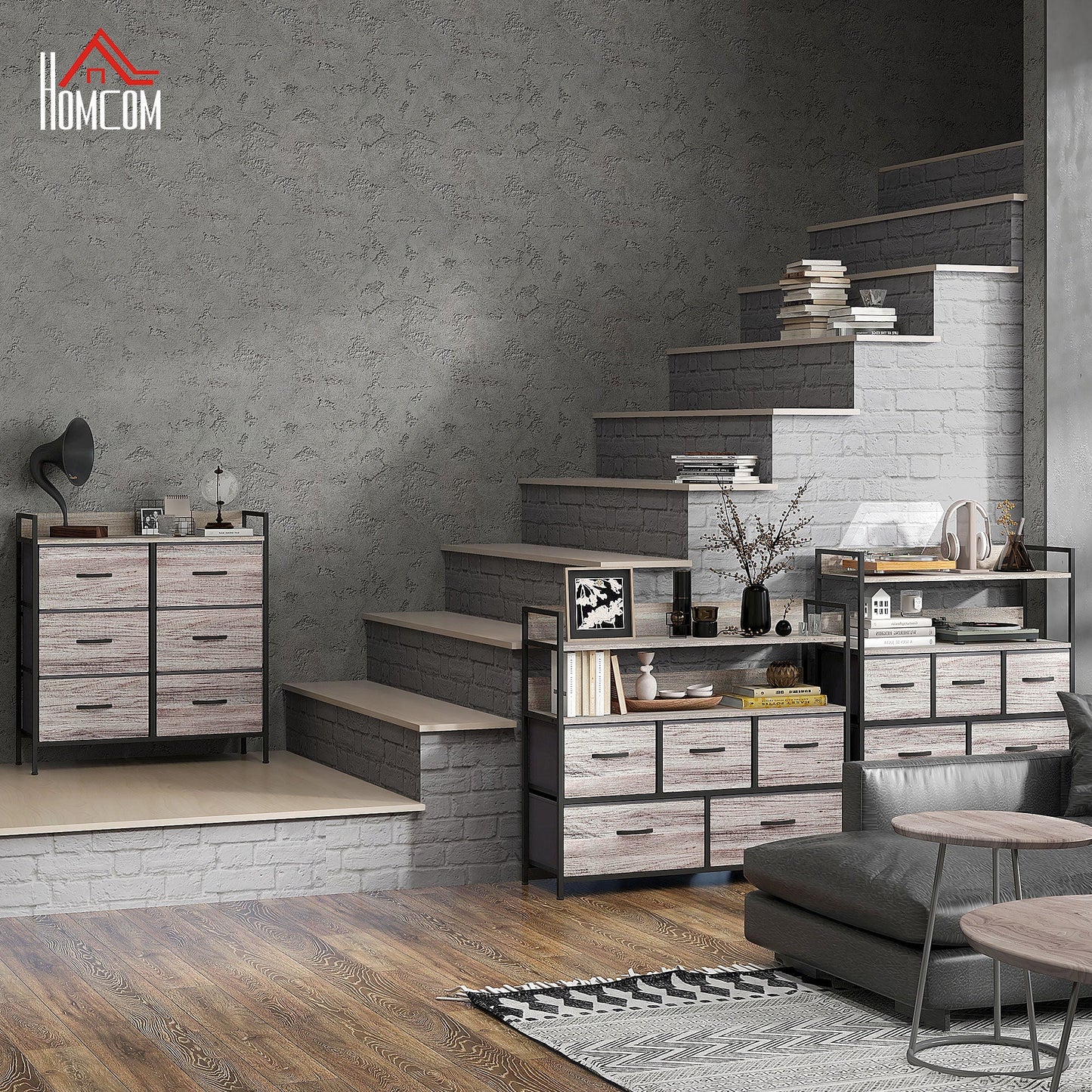 HOMCOM Bedroom Chest of Drawers, Fabric Dresser with 6 Drawers, Storage Organiser Unit with Open Shelf and Metal Frame for Living Room, Entryway, Grey Wood Effect