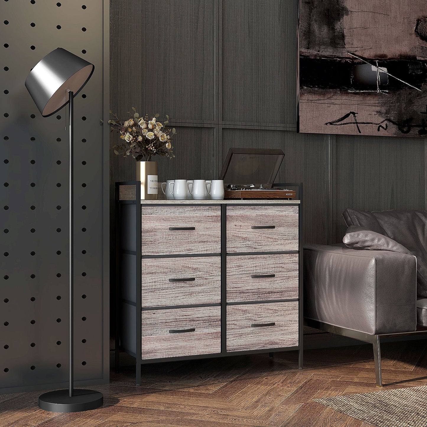 HOMCOM Bedroom Chest of Drawers, Fabric Dresser with 6 Drawers, Storage Organiser Unit with Open Shelf and Metal Frame for Living Room, Entryway, Grey Wood Effect