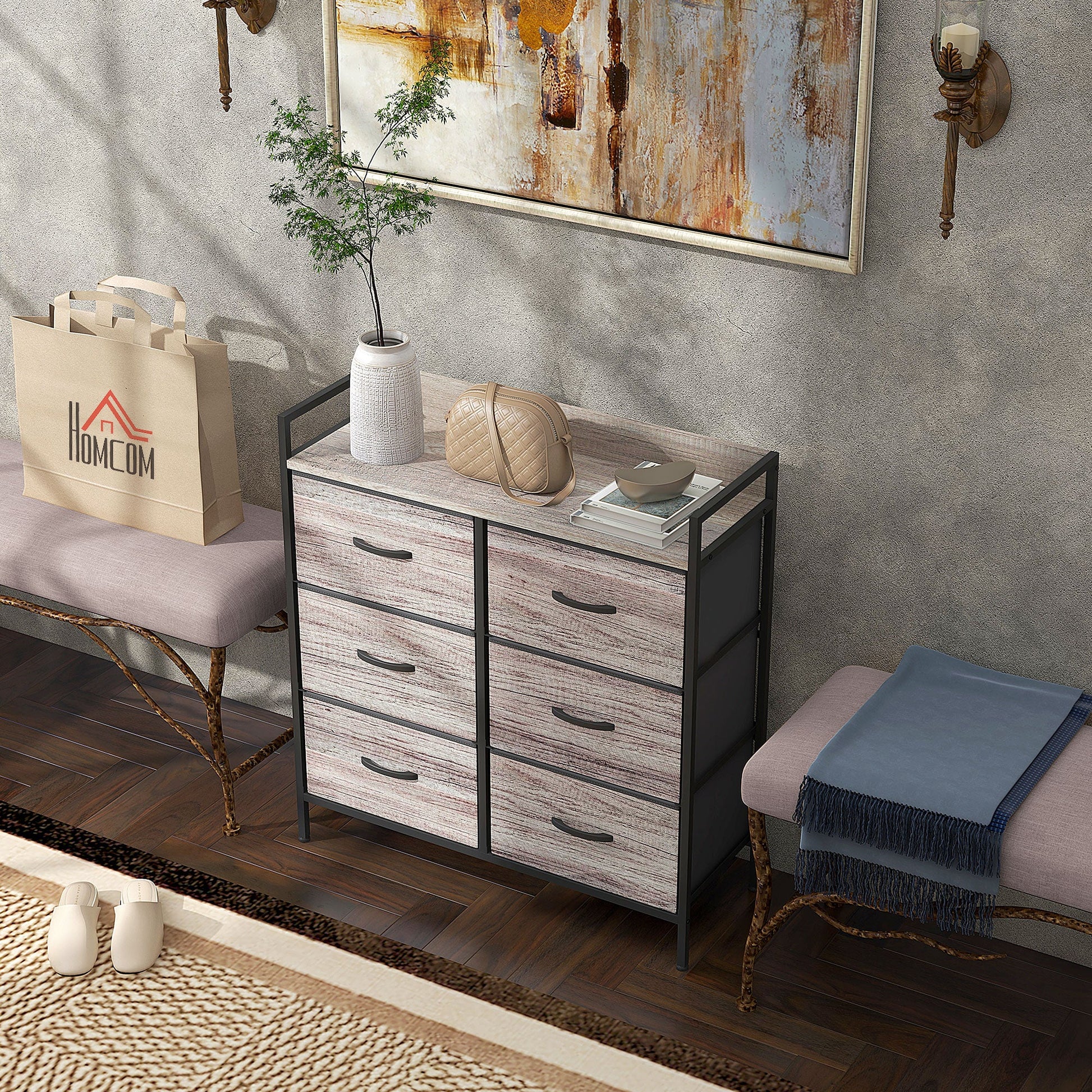 HOMCOM Bedroom Chest of Drawers, Fabric Dresser with 6 Drawers, Storage Organiser Unit with Open Shelf and Metal Frame for Living Room, Entryway, Grey Wood Effect