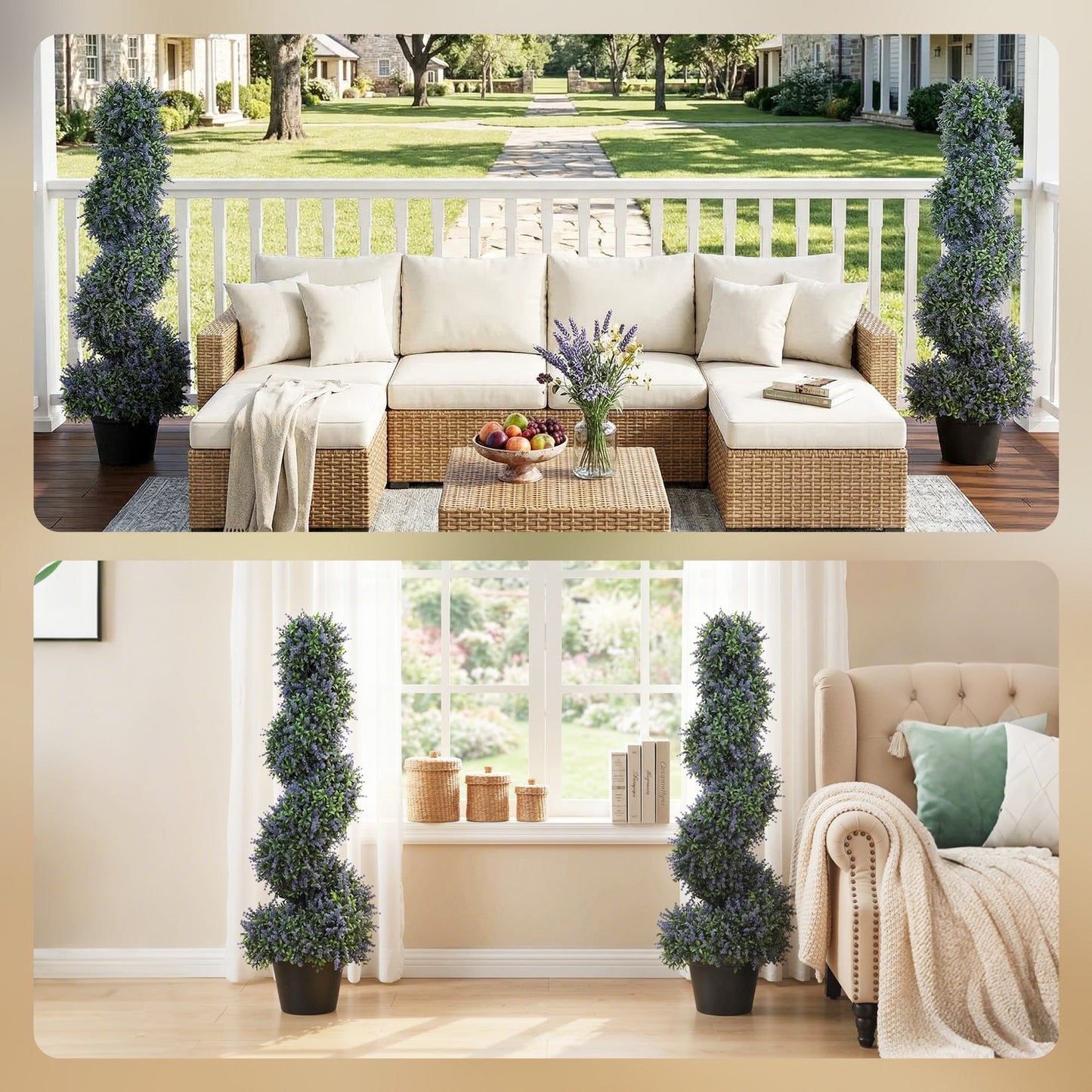 Set of 2 Artificial Lavender Topiary Tree, Spiral Topiary Tree with 315 Leaves and 315 Flowers, Fake Plants in Pot for Indoor Outdoor Decor, 90cm, Purple