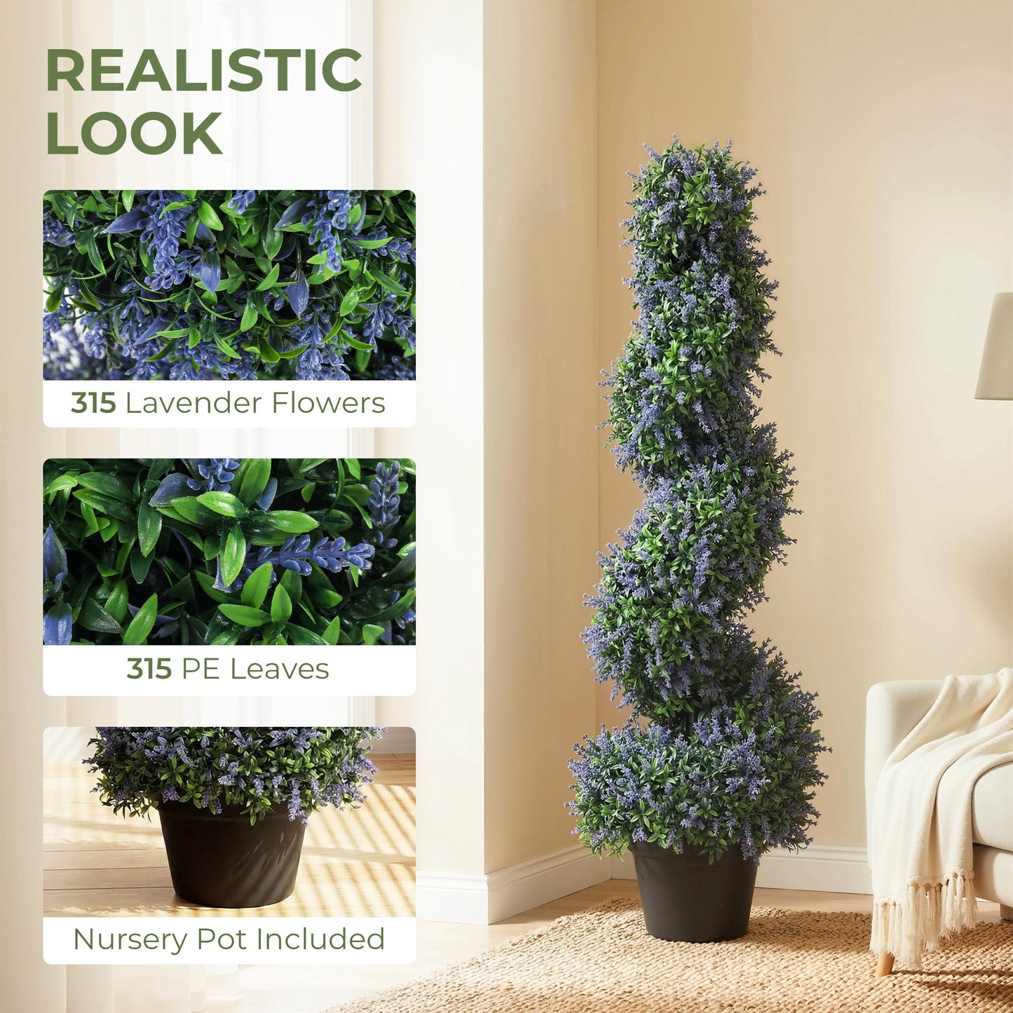 Set of 2 Artificial Lavender Topiary Tree, Spiral Topiary Tree with 315 Leaves and 315 Flowers, Fake Plants in Pot for Indoor Outdoor Decor, 90cm, Purple