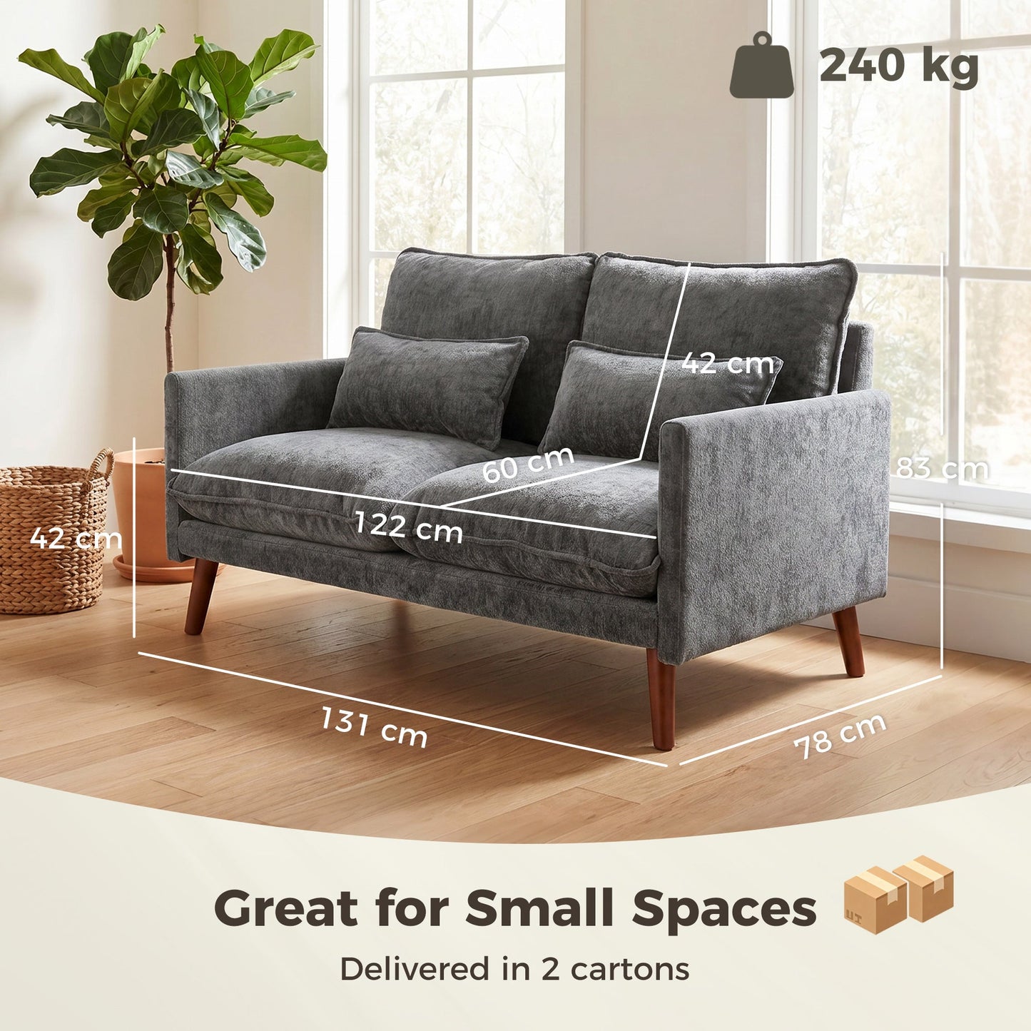 2 Seater Sofa, 131cm Velvet-Feel Fabric Loveseat Sofa with Spring Cushions, Wide and Deep Seat, Wood Legs, 2 Pillows, Modern Couch Settee for Small Space, Living Room, Bedroom, Office, Grey