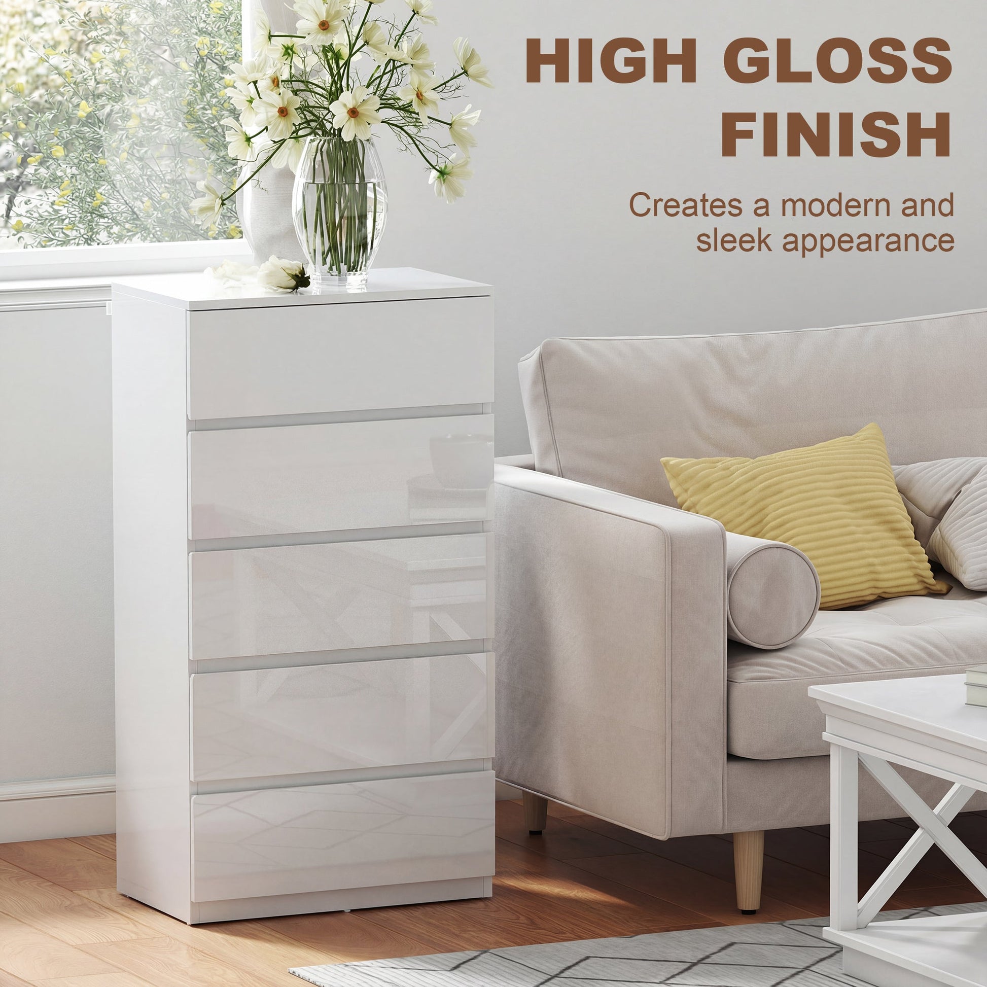 Chest of Drawers, 5 Drawers Storage Cabinet Floor Tower Cupboard for Bedroom Living Room, High Gloss White