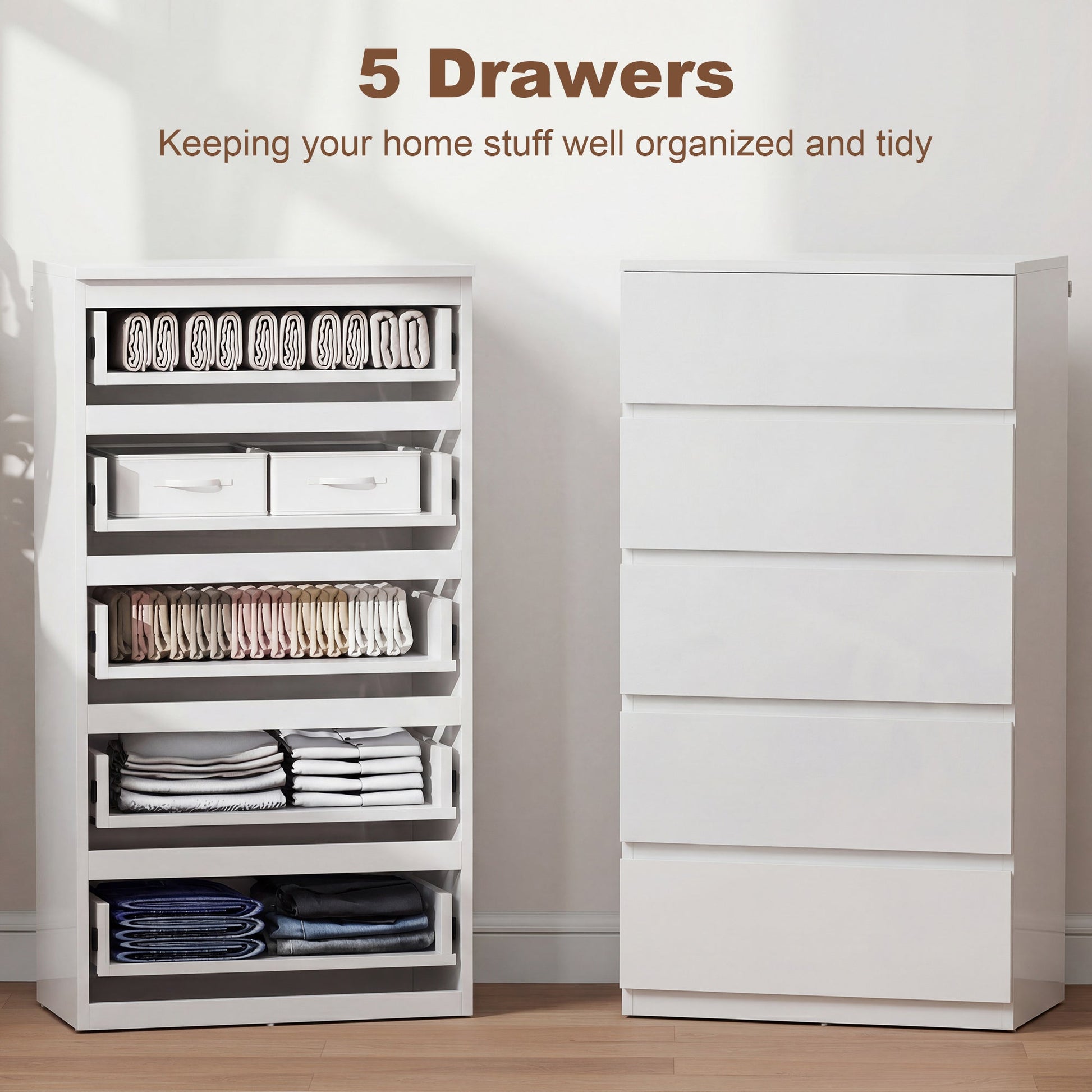 Chest of Drawers, 5 Drawers Storage Cabinet Floor Tower Cupboard for Bedroom Living Room, High Gloss White