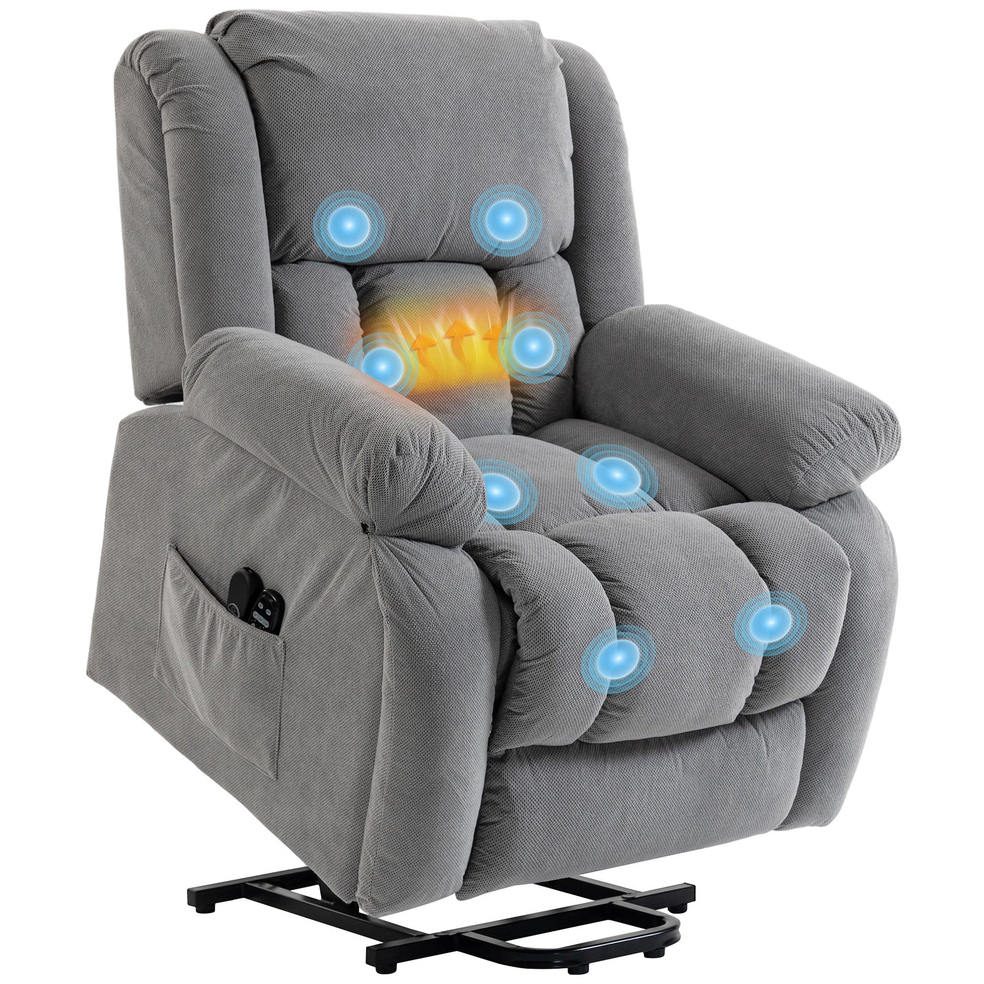 Recliner Armchair Lift Chair with Vibration Massage and Heat, Velvet-feel Fabric Electric Riser Recliner Chair for Elderly with Wide Seat, USB Port, Side Pockets for Living Room, Light Grey