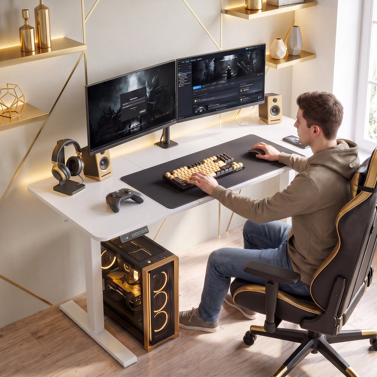 Electric Standing Desk Height Adjustable 140 x 60cm, Sit Stand Desk with 3 Memory Presets, Quiet Home Office Computer Desk with LED Display, Cable Holes & Hooks for Bedroom, Home Office, White