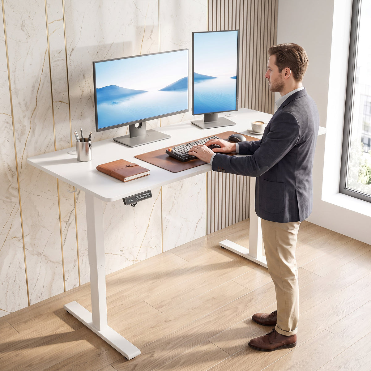 Electric Standing Desk Height Adjustable 140 x 60cm, Sit Stand Desk with 3 Memory Presets, Quiet Home Office Computer Desk with LED Display, Cable Holes & Hooks for Bedroom, Home Office, White