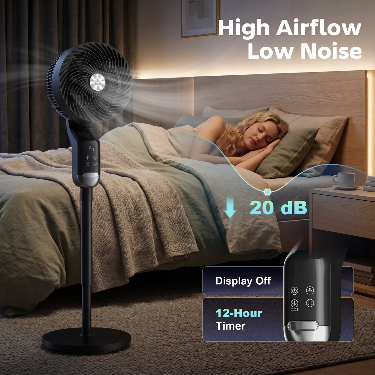 20 dB Silent Standing Fan for Bedroom, 41" Pedestal Fan with Remote, 85° Oscillating, 8 Speeds, Adjustable Height, 12H Timer, Aroma Diffuser, LED Display, Black