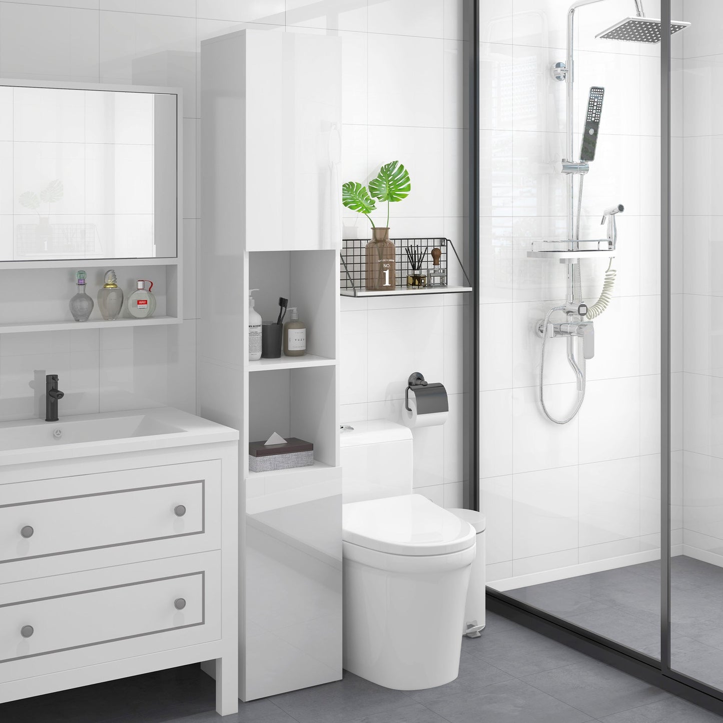 kleankin High Gloss Bathroom Cabinet, Free Standing Storage Cupboard with Doors and Adjustable Shelves, White