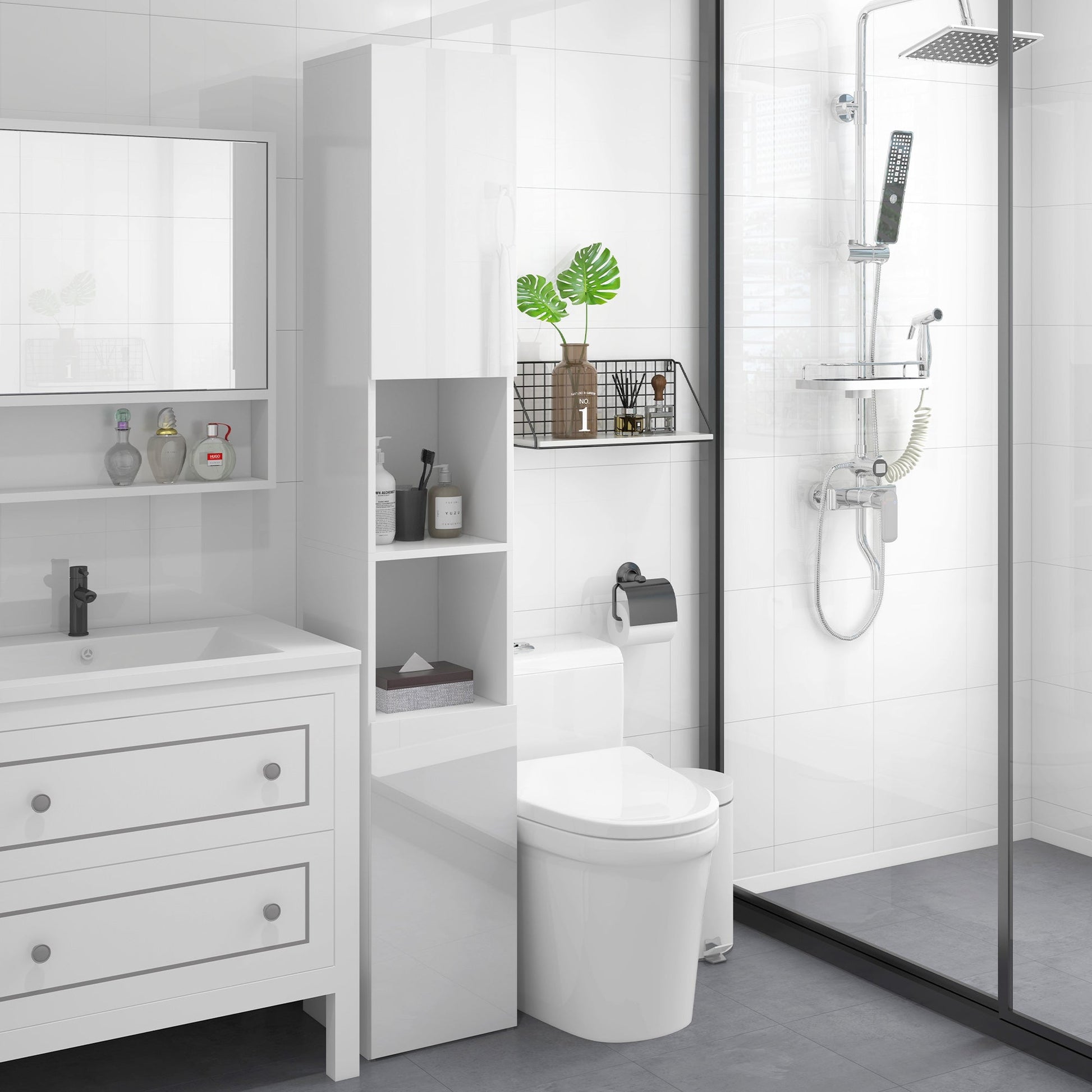kleankin High Gloss Bathroom Cabinet, Free Standing Storage Cupboard with Doors and Adjustable Shelves, White