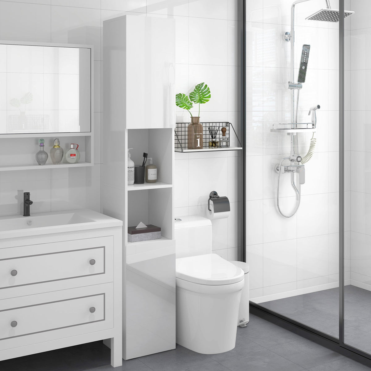 kleankin High Gloss Bathroom Cabinet, Free Standing Storage Cupboard with Doors and Adjustable Shelves, White