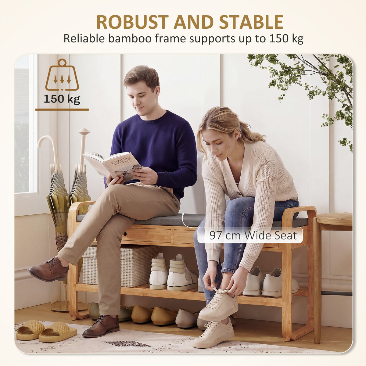 Shoe Bench with 2 Drawers, Shoe Storage Bench with Cushioned Seat, Storage Shelf and Bamboo Frame, 130 kg Weight Capacity, 105 x 33.2 x 55 cm, Natural and Grey