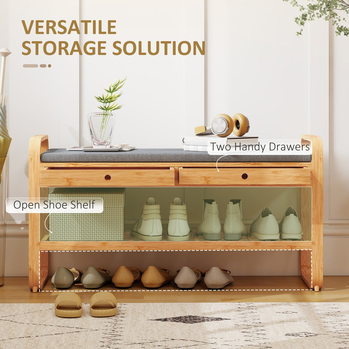 Shoe Bench with 2 Drawers, Shoe Storage Bench with Cushioned Seat, Storage Shelf and Bamboo Frame, 130 kg Weight Capacity, 105 x 33.2 x 55 cm, Natural and Grey