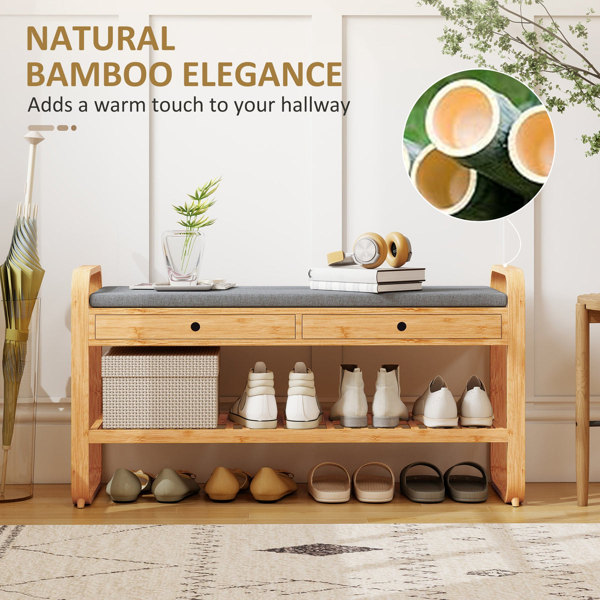 Shoe Bench with 2 Drawers, Shoe Storage Bench with Cushioned Seat, Storage Shelf and Bamboo Frame, 130 kg Weight Capacity, 105 x 33.2 x 55 cm, Natural and Grey