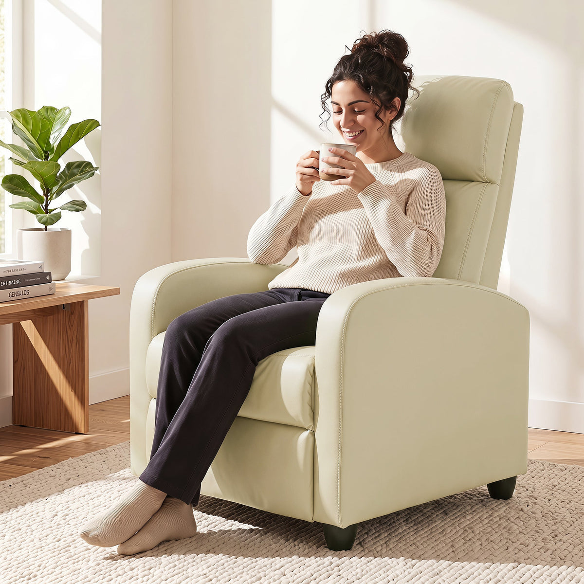 Recliner Armchair, Massage Faux Leather Push Back Reclining Chair with Adjustable Leg Rest, Side Pocket, for Home Living Room Theatre, Cream White