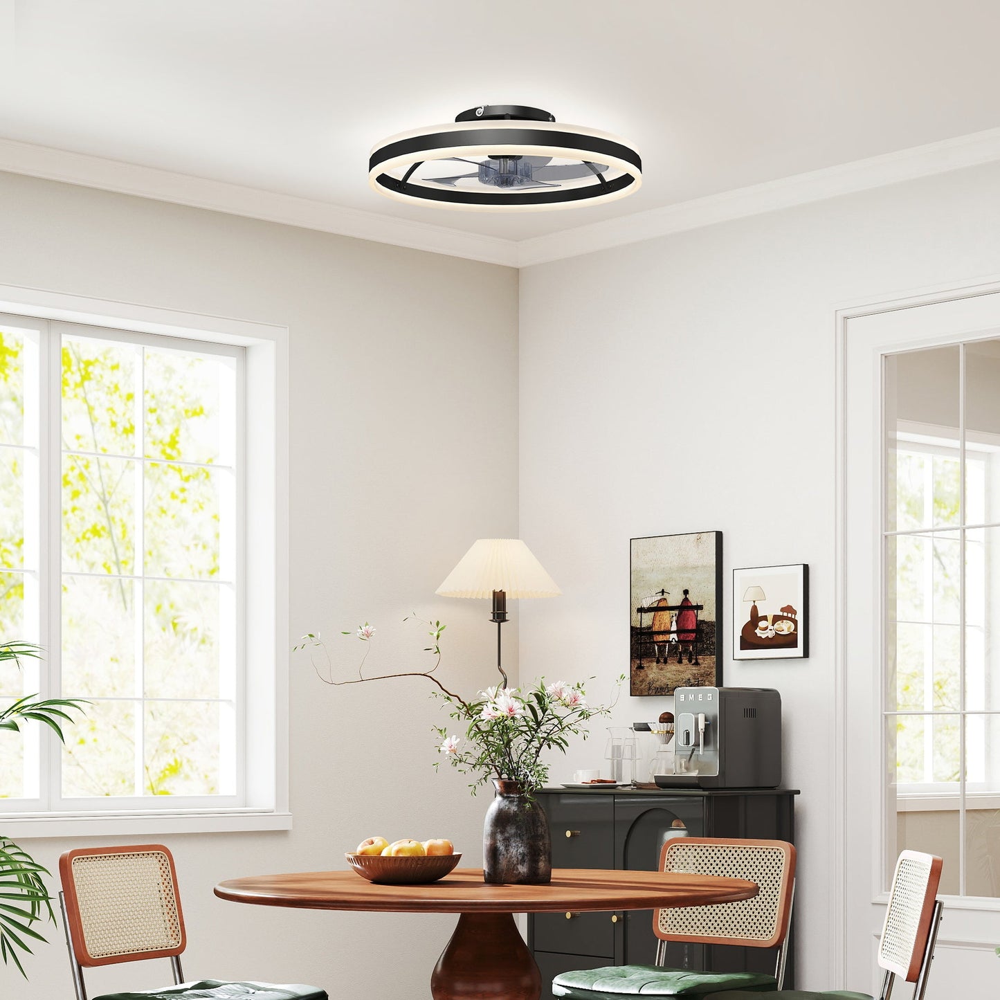 Ceiling Fans with Lights and Remote & App Control, 50 cm Modern LED Ceiling Fan Light with 3 Colour Temperatures, 6 Speed, Dimmable, Timer Quiet Reversible DC Motor, for Bedroom, Study, Black