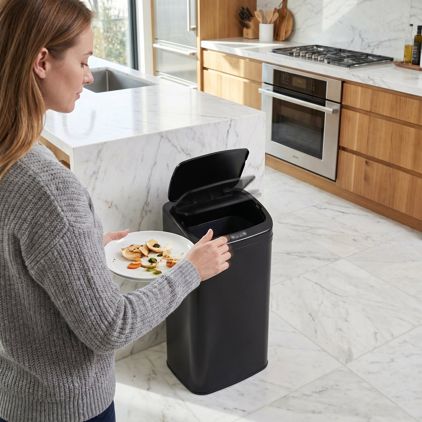 48L Sensor Bin, Galvanised Steel Kitchen Bin with Automatic Soft Close Lid and Fingerprint-Proof for Recycling and Waste, Black