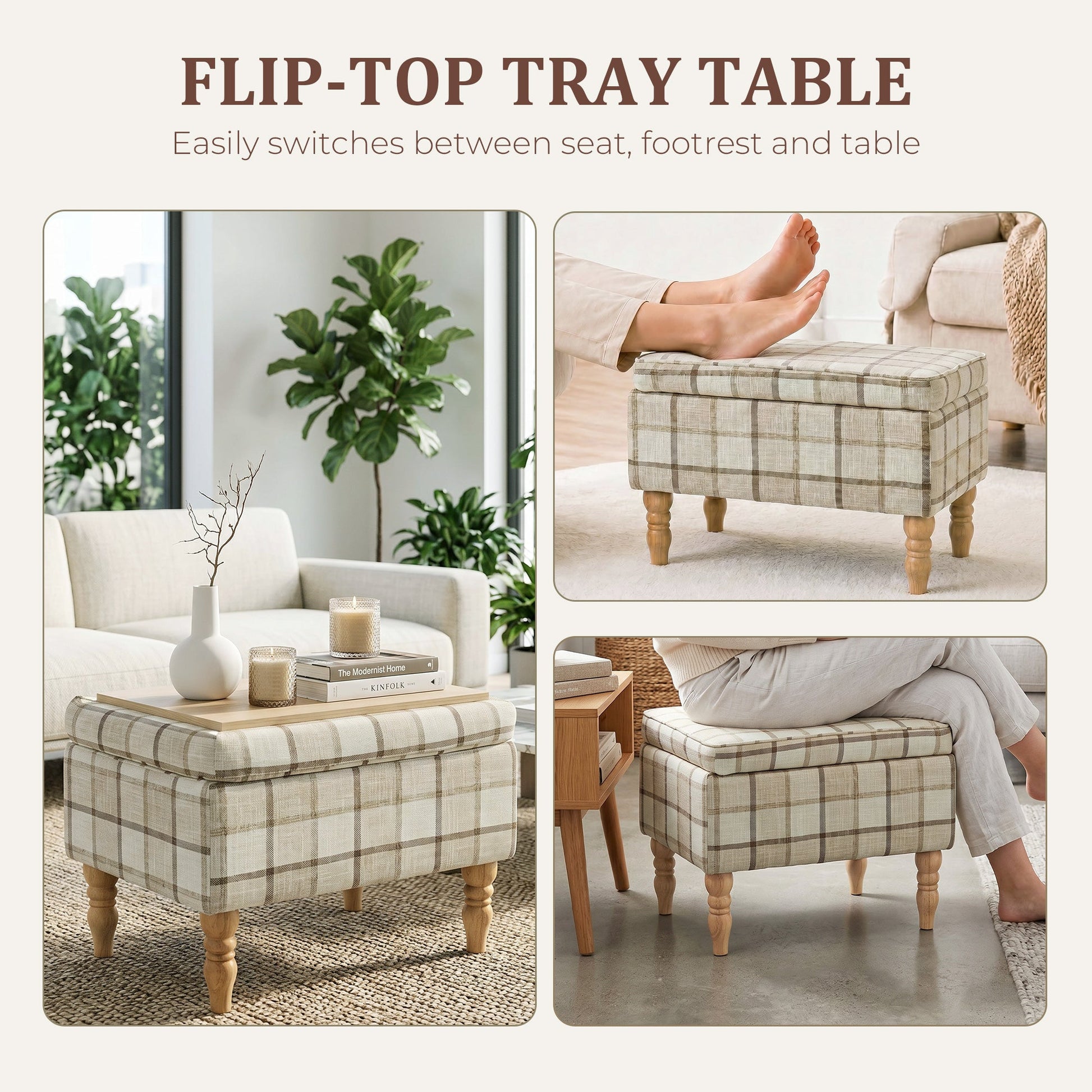 Rectangular Storage Stool, Linen-Look Fabric Upholstered Footstool with Removable Top, Padded Seat and Hidden Space for Living Room, Bedroom, Brown