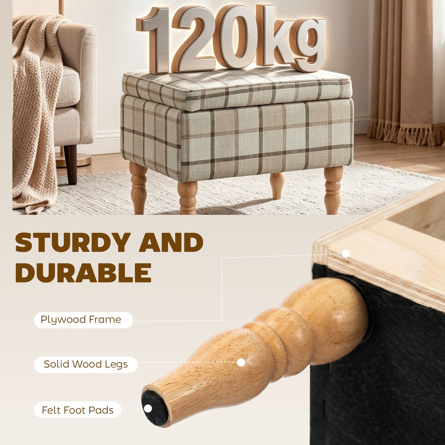 Rectangular Storage Stool, Linen-Look Fabric Upholstered Footstool with Removable Top, Padded Seat and Hidden Space for Living Room, Bedroom, Brown