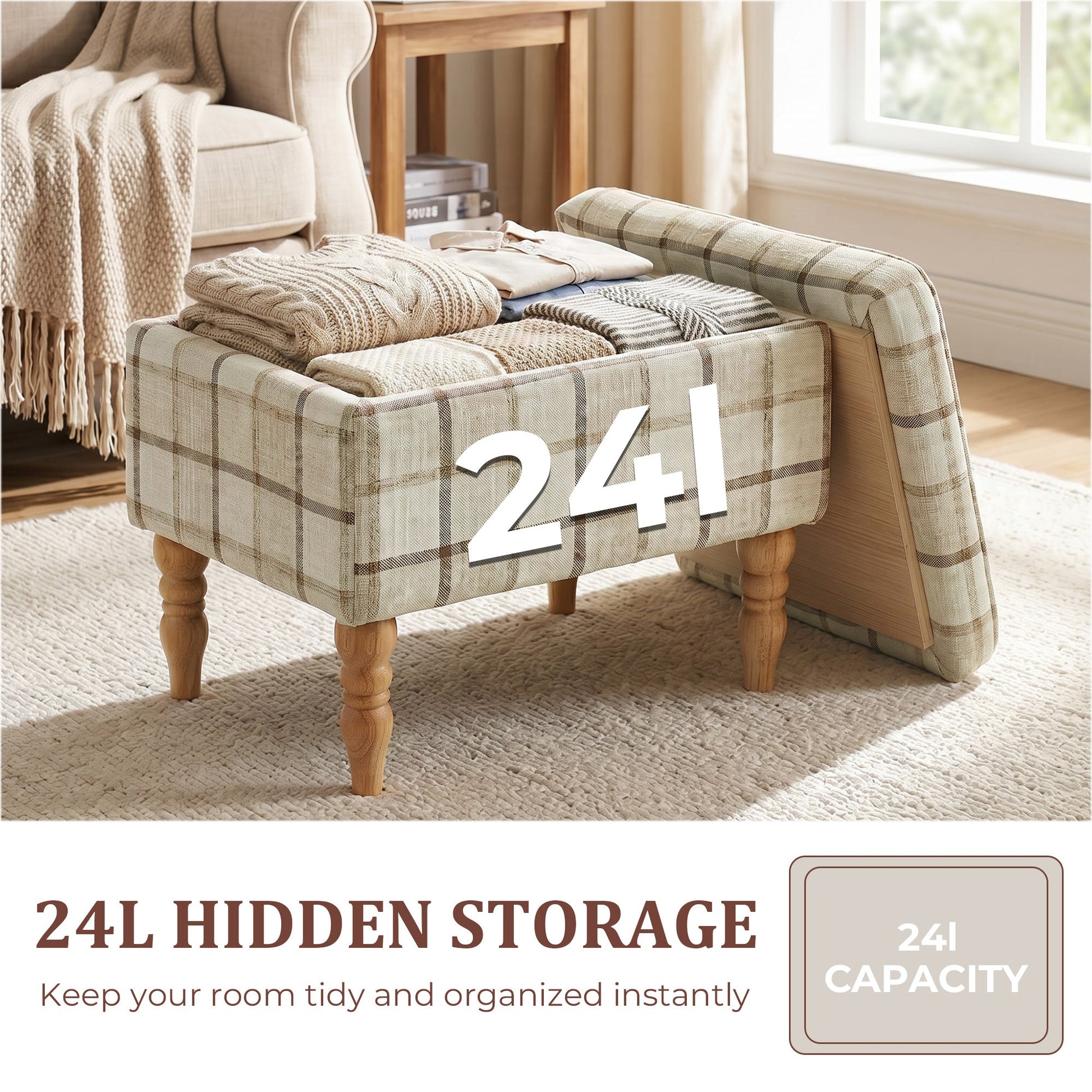 Rectangular Storage Stool, Linen-Look Fabric Upholstered Footstool with Removable Top, Padded Seat and Hidden Space for Living Room, Bedroom, Brown