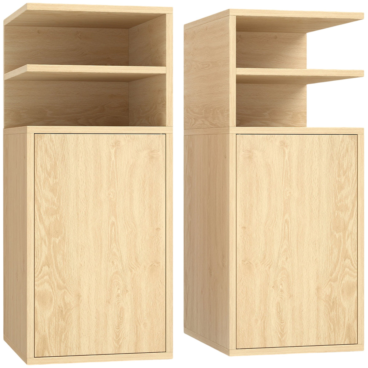 Slim Bedside Table Set of 2, Narrow Bedside Cabinet with Open Cubbies and Cupboard, Side End Table for Bedroom Living Room Compact Nooks, 30 x 25 x 60 cm, Oak
