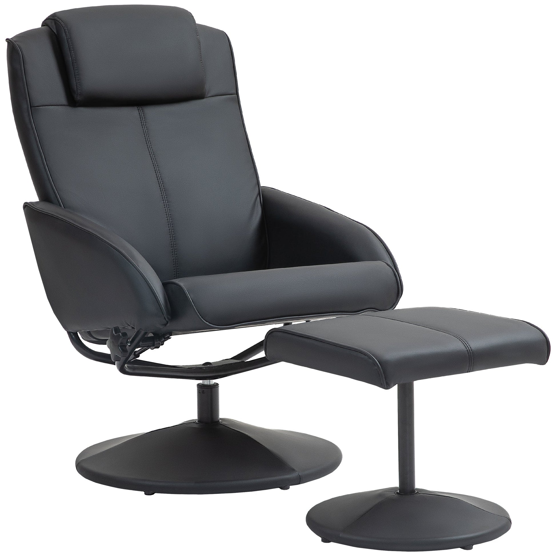 HOMCOM Recliner Chair and Footstool, Swivel PU Leather Upholstered Armchair with Footstool and Adjustable Backrest for Living Room, Bedroom, Black